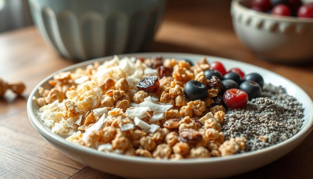 A close-up photograph of an assortment of texture-boosting toppings for overnight oats, including toasted coconut flakes, chopped nuts, crunchy granola clusters, plump dried berries, and a sprinkle of chia seeds, all arranged artfully on a wooden table with a light blue ceramic bowl in the background, bathed in warm, natural lighting.