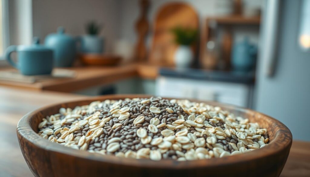 A close-up photograph of chia seeds and rolled oats arranged in a rustic wooden bowl, set against a backdrop of a cozy, minimalist kitchen environment. The lighting is soft and natural, casting warm, golden hues across the scene. The wooden textures of the kitchen surfaces and the light blue accents create a calming, inviting atmosphere, highlighting the wholesome, organic nature of the ingredients. The chia seeds and oats are evenly distributed, their textures and colors complementing each other, conveying a sense of balance and simplicity.