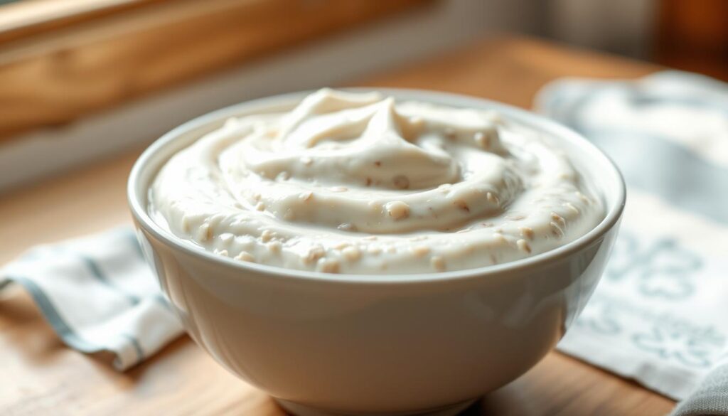 A close-up shot of a bowl filled with perfectly smooth and creamy overnight oats, the texture resembling silk. The oats are glistening with a hint of moisture, sitting atop a delicate swirl of yogurt. Soft natural light filters in through a nearby window, casting a warm glow on the scene. The bowl rests on a wooden surface, complemented by subtle blue accents in the background, evoking a cozy, minimal kitchen ambiance. The overall composition emphasizes the irresistible, cloud-like texture of the meticulously prepared overnight oats.