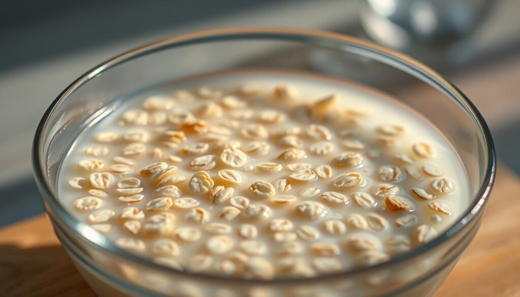 A close-up shot of a glass bowl filled with plump, oat grains soaking in a translucent, milky liquid. The oats have a soft, gelatinous texture, and tiny air bubbles cling to their surfaces, indicating their freshness. Warm, indirect lighting casts a gentle glow, creating a serene, laboratory-like atmosphere. The background features clean, wooden surfaces and subtle blue-gray tones, emphasizing the simplicity and purity of the scientific experiment unfolding before the viewer.