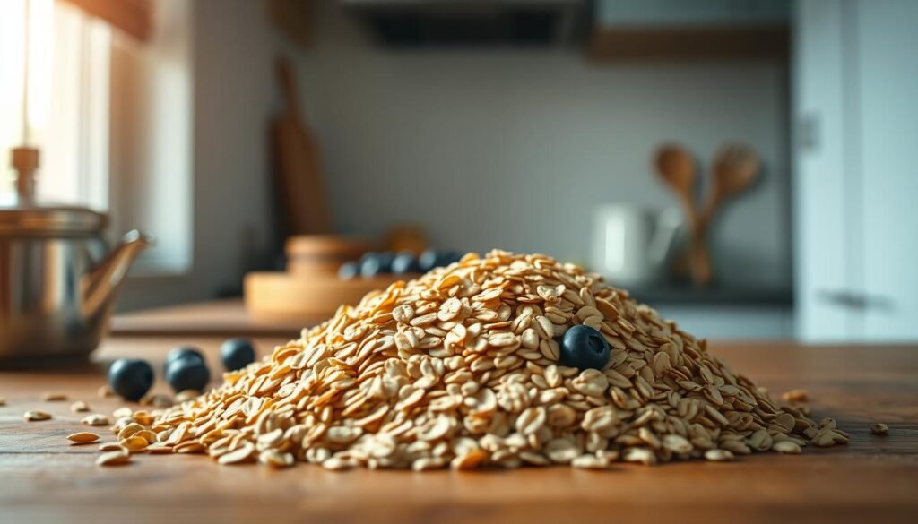 A close-up shot of a tidy wooden kitchen counter, showcasing a pile of freshly rolled oats in the foreground. The oats are illuminated by soft, warm lighting, casting subtle shadows and highlighting their natural texture. In the middle ground, a few scattered blueberries and a drizzle of honey add pops of color, hinting at the nutritional benefits of this wholesome ingredient. The background features a clean, minimalist wall with light blue accents, creating a calming, inviting atmosphere that complements the simple, nourishing display.