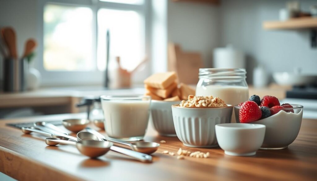 A close-up shot of a wooden kitchen counter, neatly arranged with measuring spoons, cups, and bowls containing various overnight oats ingredients. The ingredients are precisely measured, their proportions forming a visually appealing and harmonious composition. Soft natural lighting from a window illuminates the scene, creating a warm, inviting atmosphere. The focus is on the ratio of oats, milk, yogurt, and toppings, showcasing the key elements for achieving the perfect overnight oats consistency. The image conveys a sense of organization, clarity, and a commitment to meal preparation.