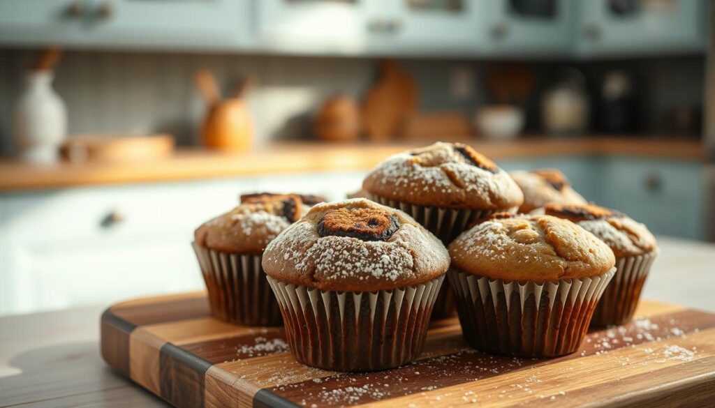 A close-up shot of freshly baked chocolate zucchini muffins, their tops golden brown and dusted with powdered sugar, resting on a wooden cutting board in a cozy, minimal kitchen. The muffins are arranged artfully, showcasing their moist, fluffy texture and the delicate swirls of chocolate throughout. Warm, diffused lighting casts a soft glow, accentuating the muffins' rich, decadent appearance. In the background, subtle light blue accents on the kitchen cabinets and a glimpse of a tidy workspace create a calming, inviting atmosphere, perfect for a busy family's stress-free morning.
