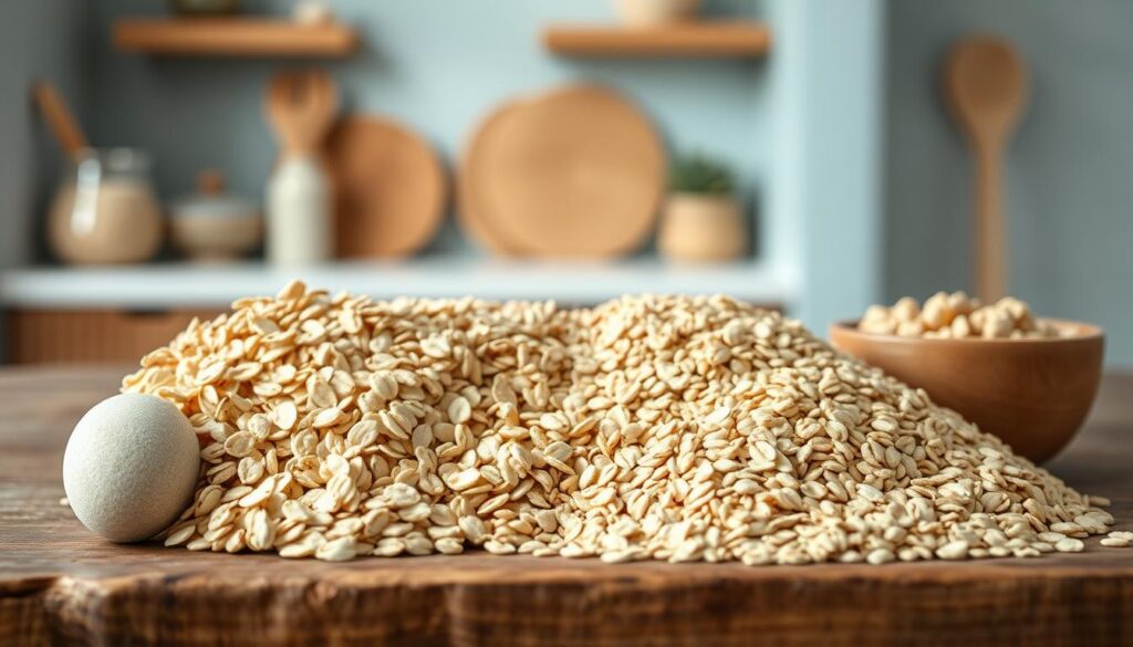 A close-up shot of various oat varieties neatly arranged on a rustic wooden table in a cozy, minimal kitchen. The foreground features rolled oats, their smooth, flattened texture contrasting with the smaller, rounder grains of steel-cut and instant oats beside them. The middle ground showcases textured oats in earthy tones, emphasizing their unique shapes and natural beauty. The background subtly blends wooden accents and light blue hues, creating a calming, inviting atmosphere that complements the artful display of this essential base ingredient for perfect overnight oats.