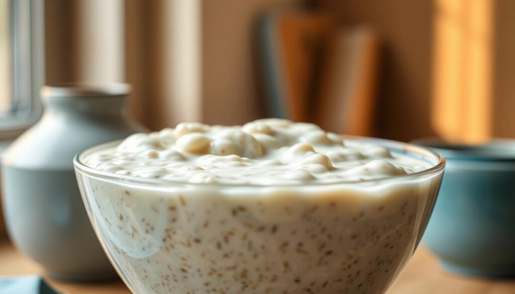 A close-up view of a glass bowl filled with perfectly creamy and smooth overnight oats. The oats have a luxurious, velvety texture, with a subtle sheen that catches the warm, diffused lighting from the kitchen window. The bowl is set against a backdrop of natural wood tones and muted blue accents, creating a cozy, minimalist atmosphere. The composition highlights the delicate balance of the oats' consistency, drawing the viewer's attention to the ideal texture that would be perfect for a nourishing weekly breakfast.