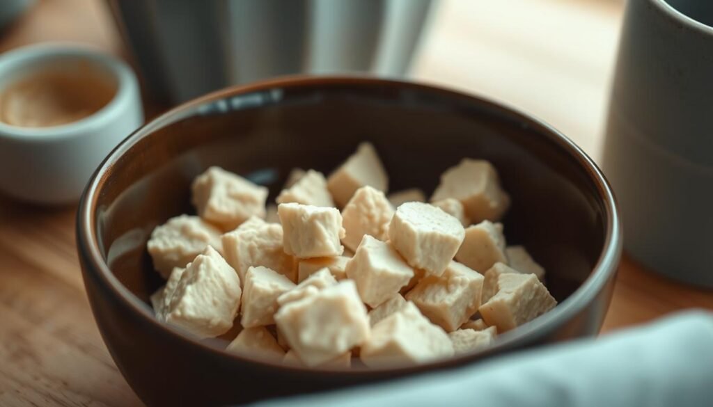 A close-up view of a small ceramic bowl filled with crumbled tofu, with a soft, natural lighting that brings out the delicate texture and subtle beige hue of the tofu. The bowl is placed on a wooden surface, perhaps a kitchen counter or table, surrounded by minimal, light blue-accented decor elements that create a calming, uncluttered atmosphere. The angle and composition draw the viewer's attention to the tofu crumble, highlighting its versatility as a protein-rich ingredient for a nutritious, no-heat lunchbox meal.