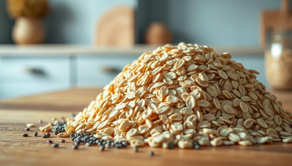 A close-up view of a wooden surface, with a generous mound of rolled oats and a scattering of chia seeds in the foreground. The oats have a soft, velvety texture, and the chia seeds glisten with a slight sheen. The lighting is warm and natural, casting a soft glow over the ingredients. In the background, a minimal, light blue-accented kitchen environment provides a cozy and inviting atmosphere, with hints of wooden textures visible. The overall scene conveys a sense of simplicity, wholeness, and the nourishing potential of these base ingredients for a delicious and healthy overnight oats recipe.