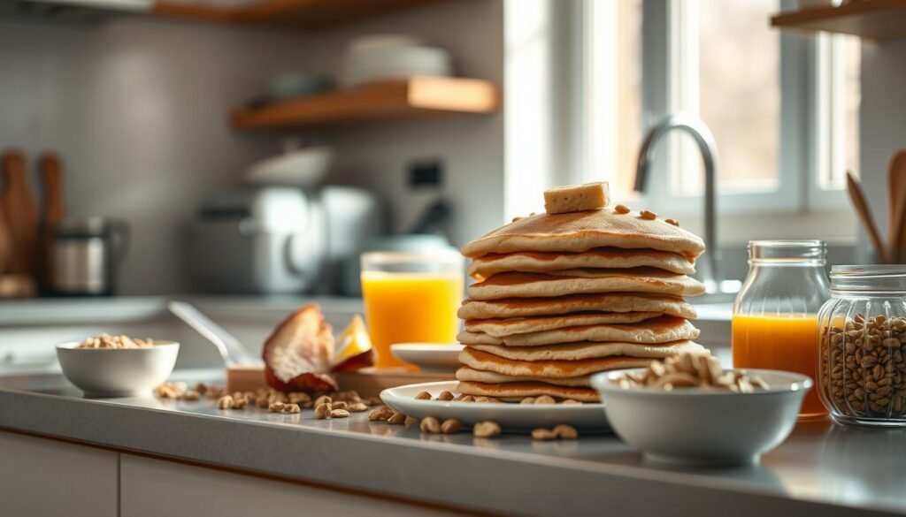 A cluttered kitchen counter overflows with deceptively innocent breakfast foods - a stack of pancakes, a bowl of granola, a glass of orange juice. Yet, hidden beneath their wholesome facades, lurks an insidious secret: an abundance of added sugars, their presence camouflaged by clever marketing and misleading labeling. Soft, natural lighting casts a warm, almost deceptive glow, inviting the viewer to indulge, unaware of the potential health consequences. The scene conveys a sense of comfort and familiarity, masking the reality of the hidden sugar crisis in a modern, minimalist kitchen setting.