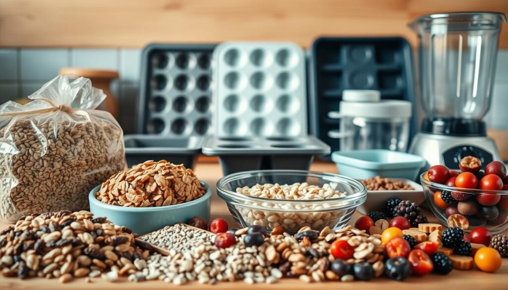 A collection of essential ingredients and equipment for whipping up delectable freezer-friendly breakfasts. In the foreground, a mix of whole grains, steel-cut oats, chia seeds, and dried fruits. In the middle, an assortment of baking trays, reusable silicone molds, and a blender. The background features a wooden countertop with light blue accents, creating a cozy, minimal kitchen atmosphere. Soft, natural lighting illuminates the scene, highlighting the textures and colors of the various elements. The arrangement conveys the idea of efficient meal preparation and the convenience of having ready-to-go breakfast options on hand.