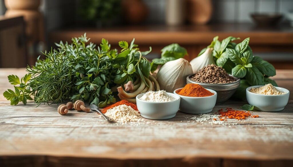 A collection of fresh herbs and spices arranged artfully on a rustic wooden surface, with soft natural lighting and a minimalist kitchen setting. Rosemary, thyme, oregano, basil, and ground spices such as paprika, garlic powder, and onion powder create a vibrant palette of color and aroma. The ingredients are positioned in a visually appealing manner, hinting at the flavorful egg white muffins that will be crafted with these nutritious seasonings. Warm, earthy tones and clean lines evoke a sense of culinary expertise and healthy, homemade delights.