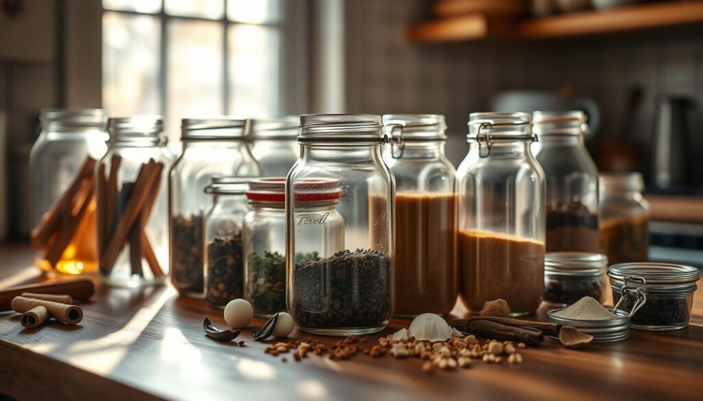 A collection of glass jars, each filled with a variety of spices, herbs, and extracts arranged artfully on a wooden kitchen counter. The jars are backlit, casting warm, inviting shadows that dance across the surfaces. The scene is bathed in soft, diffused lighting, highlighting the natural textures and colors of the ingredients - cinnamon sticks, vanilla beans, ground nutmeg, and more. A sense of culinary creativity and experimentation permeates the image, inviting the viewer to imagine the flavorful possibilities.