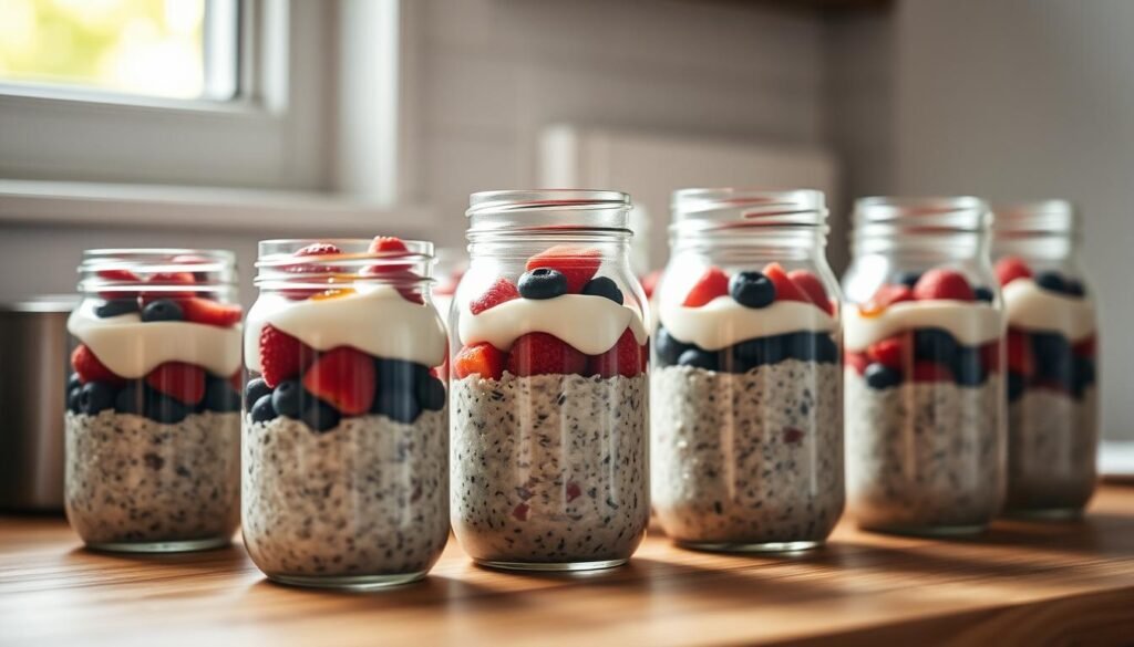 A collection of glass meal prep jars arranged neatly on a wooden kitchen countertop, filled with layered overnight oats and topped with fresh berries, yogurt, and a drizzle of honey. Soft natural lighting filters through a nearby window, casting a warm glow on the scene. The jars' minimalist design and the clean, simple ingredients create a visually appealing and healthy meal prep setup, perfect for the 
