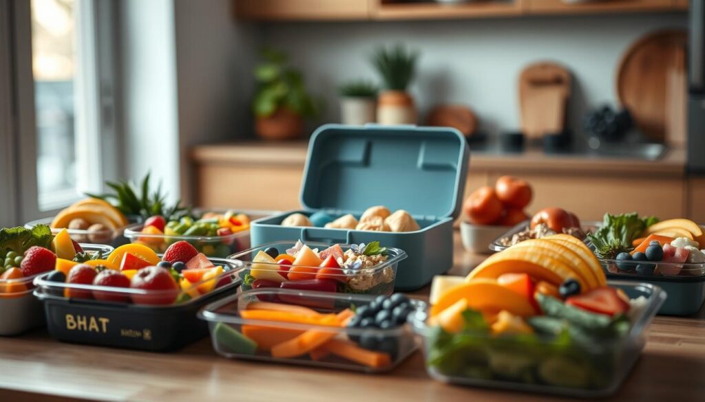 A collection of meticulously crafted bento boxes brimming with a vibrant array of breakfast ingredients. In the foreground, an assortment of colorful fruits, vegetables, and proteins are neatly arranged within the compartments, creating a visually appealing and balanced meal. The middle ground features a sleek, minimalist bento box with a muted blue accent, complementing the wooden textures of the kitchen environment. In the background, a softly lit, cozy atmosphere with natural lighting enhances the appetizing presentation. The overall scene exudes a sense of healthy, wholesome, and Instagram-worthy breakfast meal prep.