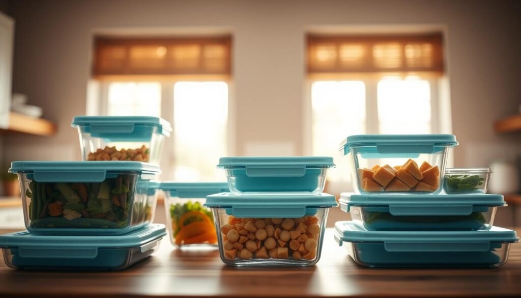 A collection of modern, airtight meal prep containers made of durable, transparent glass with sleek, minimalist lids in a soothing light blue hue. The containers are arranged neatly on a wooden kitchen counter, bathed in soft, diffused natural light filtering through large windows. The overall scene exudes a sense of organization, freshness, and a commitment to clean eating, perfectly suited for the 