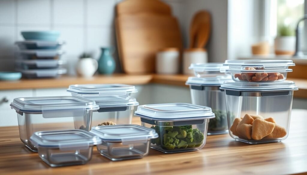 A collection of sleek, translucent meal prep containers in various sizes, neatly arranged on a wooden kitchen counter. Soft natural light filters through the containers, highlighting their clean lines and organized layout. The containers are made of durable, BPA-free plastic with airtight lids, perfectly suited for storing healthy, keto-friendly meals and snacks. The minimal, Scandinavian-inspired kitchen setting features light blue accents, adding a sense of calm and organization to the scene.