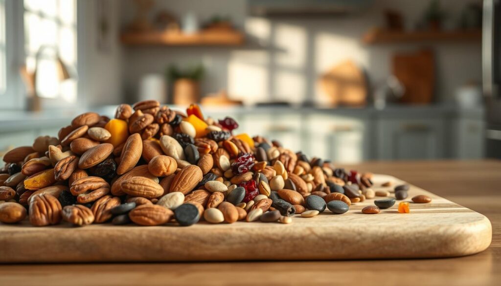 A collection of trail mix ingredients artfully arranged on a wooden cutting board with light blue accents, showcasing a variety of natural textures and colors. In the foreground, roasted almonds, cashews, and pecans sit alongside dried cranberries, apricots, and chocolate chips. The middle ground features a scattering of sunflower seeds, pumpkin seeds, and raisins, while the background is a simple, minimalist kitchen with warm, natural lighting casting a cozy glow over the scene. The overall mood is one of rustic elegance, inviting the viewer to imagine crafting their own custom trail mix blends.