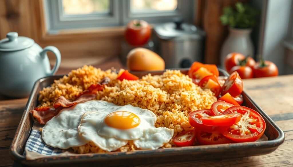 A colorful collection of breakfast ingredients sits neatly arranged on a rustic baking sheet. Crisp, golden hashbrowns, fluffy scrambled eggs, savory bacon slices, and vibrant sliced tomatoes and bell peppers create a mouthwatering display. The natural light from a nearby window casts a warm, soft glow across the scene, highlighting the varied textures and colors. Wooden accents and light blue accents in the background provide a cozy, minimal kitchen atmosphere, perfect for a homemade breakfast sheet pan meal.