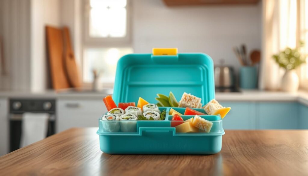 A colorful, kid-friendly bento box nestled on a wooden table in a cozy, minimal kitchen. The bento features a variety of healthy, visually appealing compartments - vibrant vegetable sushi rolls, fresh fruit skewers, cheese cubes, and bite-sized sandwiches. Soft, natural lighting casts a warm glow, highlighting the textured wood accents and light blue accents that create a calm, inviting atmosphere. The bento box is the focal point, positioned to showcase its compartmentalized design and appetizing contents, inspiring parents and children alike with nourishing, convenient lunchbox ideas.