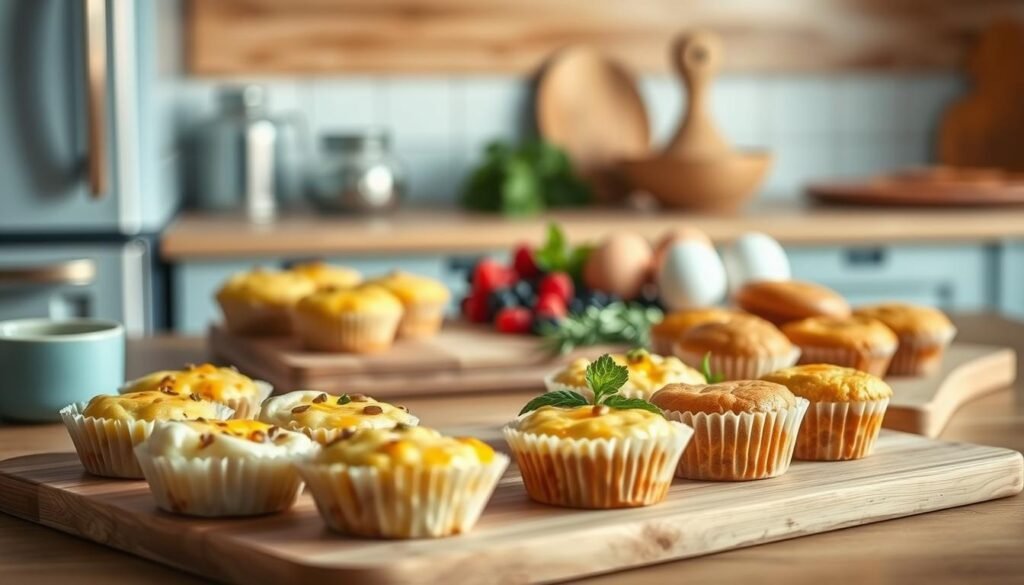 A cozy and minimal kitchen setting with wooden textures and light blue accents. In the foreground, a selection of versatile breakfast recipes artfully arranged - fluffy egg bites, golden muffins, and other delectable options. The mid-ground features fresh ingredients like eggs, berries, and herbs, neatly organized on a wooden cutting board. Warm, soft lighting illuminates the scene, creating a inviting and appetizing atmosphere. The background hints at a simple, clean-lined kitchen aesthetic, allowing the focus to remain on the scrumptious breakfast dishes. The overall composition captures the essence of a 