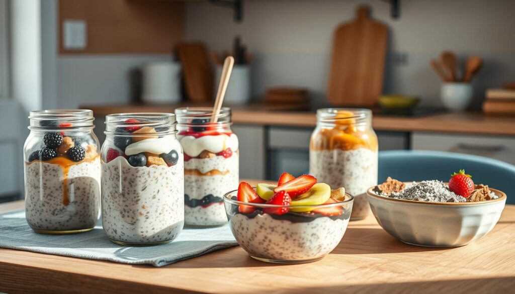 A cozy and minimalist kitchen setting with wooden textures and light blue accents. On a wooden table, an assortment of overnight oats variations are presented in mason jars and bowls. The jars contain layered oats, yogurt, fresh berries, sliced nuts, and a drizzle of honey. The bowls showcase an array of toppings such as chia seeds, sliced kiwi, shredded coconut, and a sprinkle of cinnamon. Soft natural lighting bathes the scene, highlighting the vibrant colors and textures of the Mediterranean-inspired breakfast options.