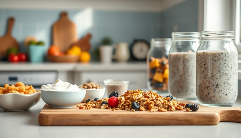 A cozy, bright kitchen scene showcasing various breakfast prep strategies. In the foreground, a wooden cutting board displays a range of fresh ingredients - colorful fruits, crunchy granola, and nutritious yogurt. In the middle ground, sleek glass jars filled with overnight oats and chia pudding line the countertop, ready to grab and go. The background features a light blue accent wall, complemented by natural lighting streaming in through the window, casting a warm glow over the scene. The layout conveys a sense of organization and intentionality, inspiring viewers to plan ahead for a nourishing and energizing weekly breakfast routine.