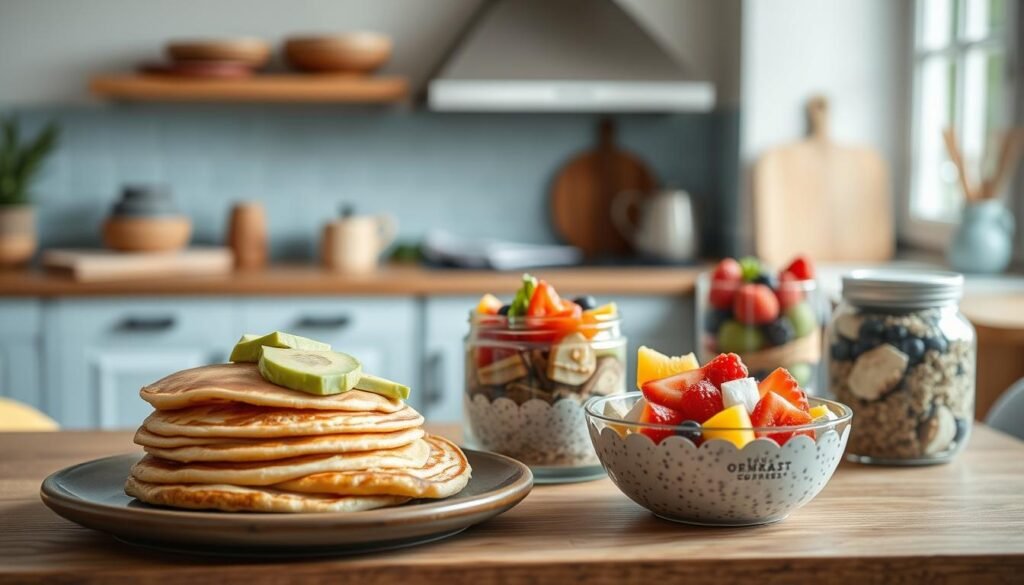 A cozy kitchen backdrop with wooden countertops and light blue accents. In the foreground, an artful arrangement of versatile breakfast recipes - fluffy pancakes, avocado toast, overnight oats, and a vibrant fruit salad. Soft, natural lighting illuminates the scene, highlighting the textures and colors of the fresh ingredients. The composition creates a sense of inviting simplicity, inspiring the viewer to explore these versatile, nourishing breakfast options to kickstart their day.