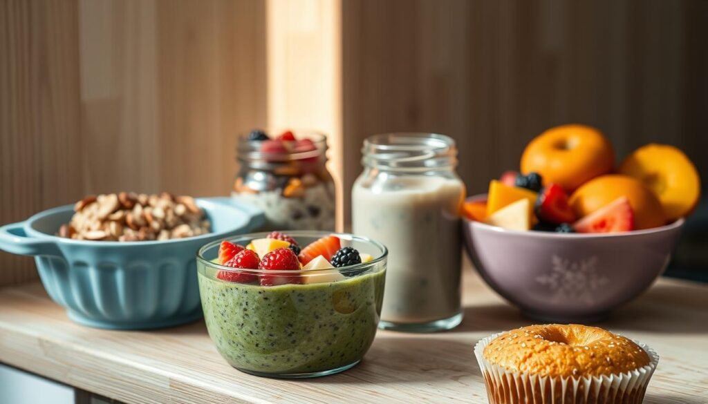 A cozy kitchen counter, adorned with a soft blue ceramic dish, showcases an array of delectable make-ahead breakfast creations. Fluffy quinoa porridge, garnished with toasted almonds and fresh berries, sits alongside jars of overnight oats infused with vanilla and cinnamon. In the foreground, a vibrant smoothie bowl bursts with vibrant greens, tropical fruit, and a dusting of chia seeds. Warm, golden-hued muffins, fresh from the oven, invite a closer look, their aroma wafting through the light-filled space. A minimalist, wooden backdrop provides a natural, calming canvas for this culinary masterpiece, capturing the essence of a creative and organized make-ahead breakfast.