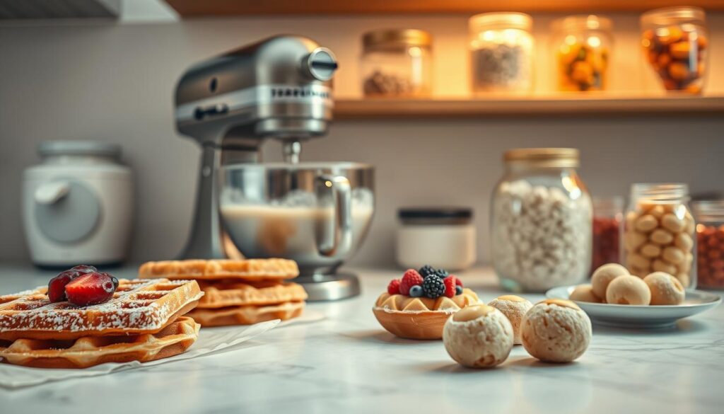 A cozy kitchen counter displays an assortment of frozen breakfast items. In the foreground, delicately frosted waffles, flash-frozen berry compote, and silky egg bites sit atop parchment paper. The middle ground features a vintage stainless steel mixer, its bowl filled with an icy batter blend. In the background, a chilled carafe of overnight oats and jars of frozen fruit morsels line the shelves, casting a soft, ambient glow under gentle overhead lighting. The scene conveys the perfect balance of practicality and culinary artistry for effortless breakfast meal prep.