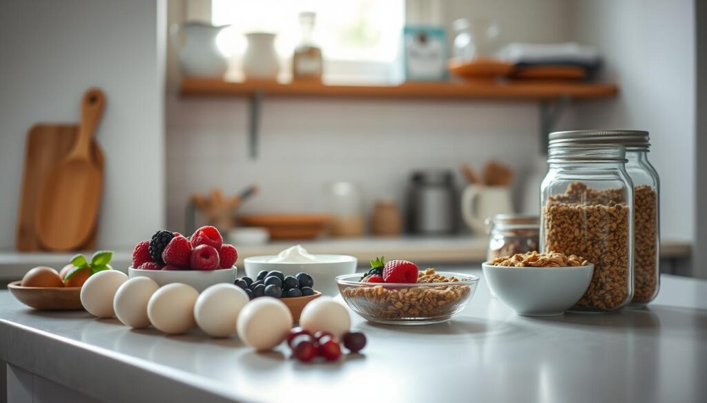 A cozy kitchen counter with a clean, minimalist aesthetic. On the surface, a selection of fresh ingredients neatly arranged - eggs, berries, yogurt, granola, and a stack of mason jars. Soft, natural lighting filters in from a nearby window, casting a warm glow over the scene. In the background, wooden shelves hold a few carefully curated kitchen items. The overall mood is one of order, simplicity, and efficiency - a visual guide to effortless weekly breakfast meal prep.