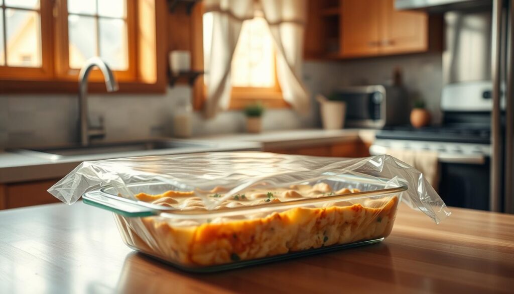 A cozy kitchen counter with a glass baking dish filled with a golden-brown breakfast casserole, garnished with fresh herbs. The casserole is being carefully wrapped in plastic wrap, ready for storage in the refrigerator. The scene is bathed in soft, natural light filtering through lightly-curtained windows, casting a warm glow on the wood-paneled walls and minimalist decor. Stainless steel appliances and a simple ceramic tile backsplash add a touch of modern elegance to the space. The overall mood is one of domestic tranquility and culinary care, perfectly capturing the essence of preparing a nourishing make-ahead breakfast for family gatherings.