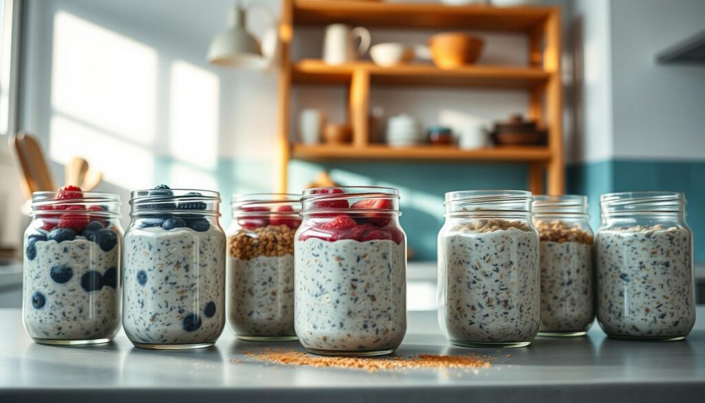 A cozy kitchen counter with a selection of glass jars filled with various flavors of overnight oats, including traditional oats, berries, nuts, and a sprinkling of cinnamon. The jars are arranged neatly, with a clean, minimal aesthetic, and the lighting is soft and natural, casting a warm glow on the scene. In the background, a wooden shelving unit holds additional ingredients and kitchen essentials, while a light blue accent wall adds a calming, inviting atmosphere.
