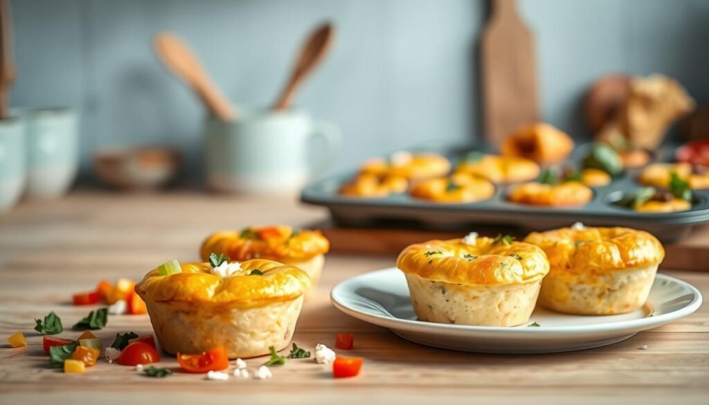 A cozy kitchen counter with a wooden surface and light blue accents showcases an assortment of delectable egg muffin variations. The foreground features a plate with a fluffy egg muffin, its golden-brown crust glistening under soft, natural lighting. Surrounding it are various toppings and garnishes - diced bell peppers, chopped spinach, crumbled feta, and a sprinkle of fresh herbs. In the middle ground, additional egg muffins in a variety of flavors sit nestled in a muffin tin, their diverse fillings and textures hinting at the delicious possibilities. The background is a minimalist, inviting kitchen setting, with a few simple utensils and ingredients adding to the cozy, homemade feel.