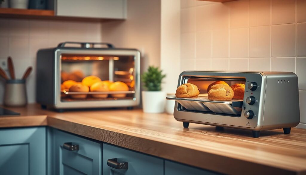 A cozy kitchen counter with a wooden surface, warm lighting, and light blue accents. On the counter, freshly baked muffins and loaves of bread are being reheated in a modern toaster oven, its glass door showcasing the lightly toasted exteriors. The delicious aroma fills the air, hinting at the warm, soft interiors waiting to be enjoyed. A small plant and a clean, minimalist decor complete the scene, creating a welcoming atmosphere perfect for a relaxed morning meal.