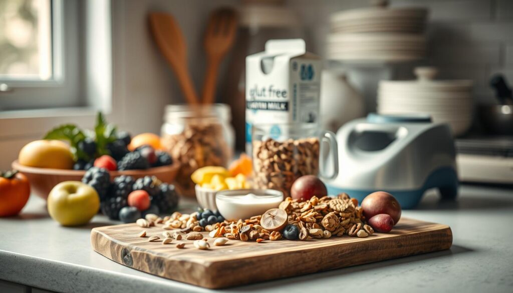 A cozy kitchen counter with an assortment of gluten-free breakfast essentials neatly arranged. In the foreground, a rustic wooden board displays a variety of fresh fruits, nuts, and seeds. In the middle ground, a glass jar filled with gluten-free granola sits next to a carton of non-dairy milk. In the background, a sleek blue-accented blender and a stack of bowls and utensils hint at the meal preparation to come. Soft, natural lighting casts a warm glow over the scene, highlighting the textures and colors of the ingredients. The overall atmosphere conveys a sense of mindful, healthy living.