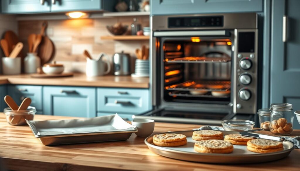 A cozy kitchen counter with wooden textures and light blue accents, featuring various cooking tools and ingredients neatly arranged. A stainless steel oven sits in the background, with its door slightly ajar, revealing the warm glow of the interior. In the foreground, various steps of oven preparation are depicted, including placing a baking sheet lined with parchment paper, measuring out ingredients, and assembling the breakfast sandwich components. The lighting is soft and natural, creating a warm and inviting atmosphere. The composition is balanced and visually appealing, highlighting the key steps for the perfect breakfast sandwich preparation.
