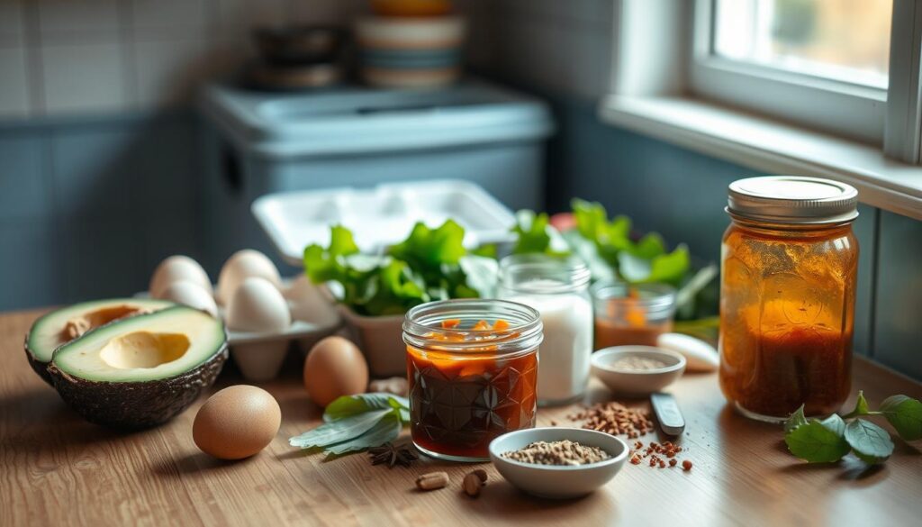A cozy kitchen counter, wooden textures and light blue accents, holds an array of leftover ingredients - a half-eaten avocado, a partially consumed carton of eggs, a half-used jar of jam, a handful of wilted greens, and a scattering of spices. The morning light filters in, casting a warm, inviting glow over the haphazard collection, hinting at the potential for transformation. The scene evokes a sense of creativity and resourcefulness, suggesting the opportunity to breathe new life into these remnants and incorporate them into a nourishing, seasonal breakfast.