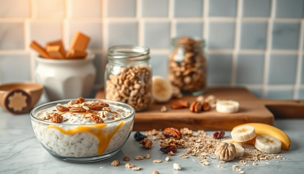 A cozy kitchen countertop showcases an array of sweet and nutty oat variations. In the foreground, a bowl of creamy overnight oats is garnished with toasted almonds, drizzled honey, and a sprinkle of cinnamon. Beside it, a small glass jar holds a granola-like mix of rolled oats, chopped pecans, and dried cranberries. In the middle ground, a wooden cutting board displays a scattering of sliced bananas, walnuts, and a sprinkle of brown sugar. The background features a light blue tiled wall, adding a soft, calming atmosphere to the scene. Warm, indirect lighting gently illuminates the natural textures and colors, creating an inviting and appetizing composition.