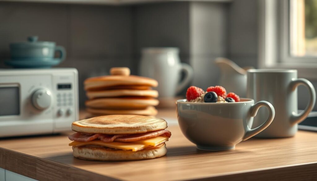 A cozy kitchen countertop with a variety of microwave-ready breakfast options arranged neatly: a stack of fluffy pancakes, a ham and cheese breakfast sandwich, a ceramic bowl filled with overnight oats topped with fresh berries, and a mug of steaming coffee. The scene is bathed in warm, soft lighting from a nearby window, highlighting the textures of the wooden surfaces and light blue accents. A sense of effortless convenience and wholesome nourishment permeates the atmosphere.