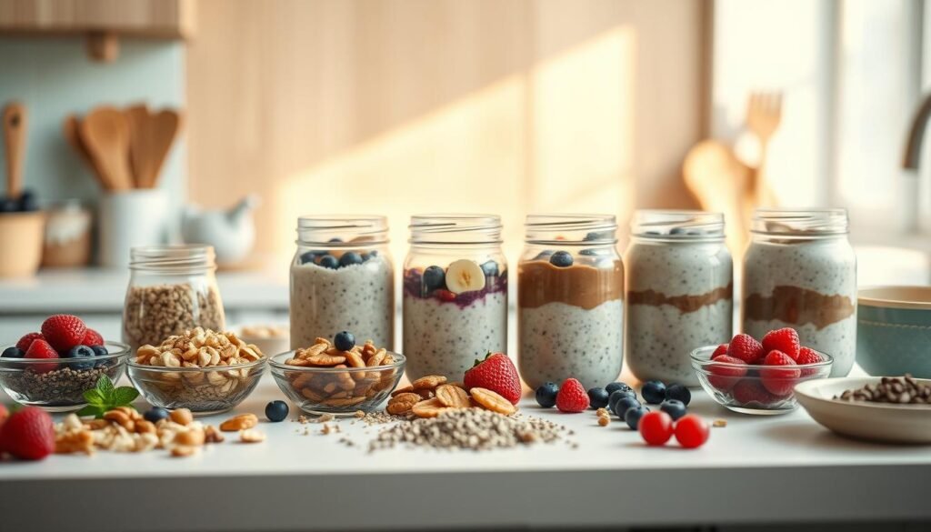 A cozy kitchen countertop with an array of overnight oats recipes displayed. In the foreground, various toppings and mix-ins such as fresh berries, nuts, honey, and chia seeds arranged harmoniously. The middle ground features neatly stacked jars of overnight oats in flavors like blueberry, banana, and chocolate. The background showcases a minimal, light-filled space with wooden textures and light blue accents, creating a calming, appetizing atmosphere. Soft, warm lighting illuminates the scene, highlighting the natural colors and textures of the healthy breakfast options.