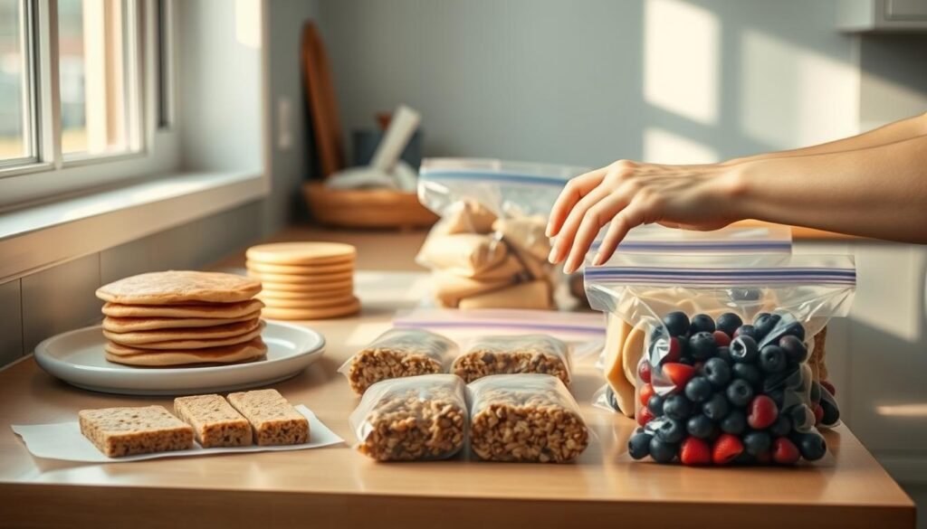 A cozy kitchen filled with morning light streaming through a large window, illuminating a neatly organized countertop. On it, an assortment of freezer-ready breakfast favorites are laid out - stacks of pancakes, portioned-out breakfast burritos, homemade granola bars, and resealable bags of mixed berries. The scene conveys a sense of intentional meal preparation, with clean lines, warm wooden accents, and subtle blue hues creating a calming, minimalist atmosphere. A pair of hands, belonging to an unseen family member, carefully package the items, ready to be stashed away for easy, nutritious mornings ahead.