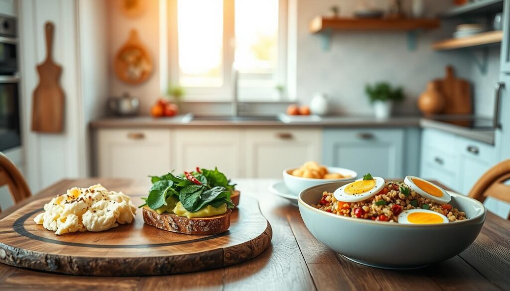 A cozy kitchen filled with natural light, wooden textures, and light blue accents sets the stage for an array of savory breakfast delights. In the foreground, a rustic wooden table showcases a selection of freshly prepared dishes - fluffy scrambled eggs with sautéed spinach, avocado toast with a sprinkle of chili flakes, and a hearty breakfast bowl brimming with quinoa, roasted veggies, and a soft-boiled egg. The middle ground features a sleek, minimalist kitchen counter with a few kitchen utensils, while the background reveals a glimpse of a window, allowing the natural light to illuminate the scene. The overall atmosphere is one of warmth, simplicity, and a celebration of natural flavors, inviting the viewer to savor a nourishing, low-sugar breakfast without artificial sweeteners.