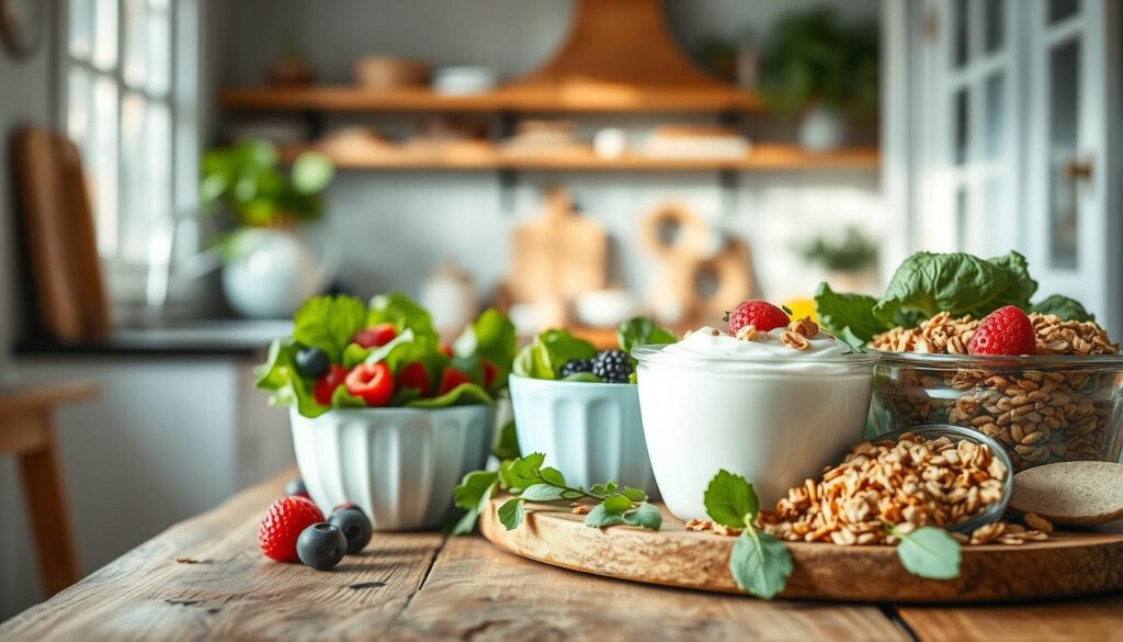 A cozy kitchen filled with natural light, wooden textures, and light blue accents. On a rustic wooden table, an assortment of fresh, wholesome ingredients - crisp greens, vibrant berries, creamy yogurt, and hearty granola - arranged in a visually appealing display. The scene exudes a sense of calm and simplicity, inspiring a healthy, nourishing breakfast. A soft, diffused lighting highlights the quality and freshness of the food, creating an inviting and appetizing atmosphere. The image conveys the idea of trusted, high-quality food sources coming together to create a simple, yet satisfying morning meal.