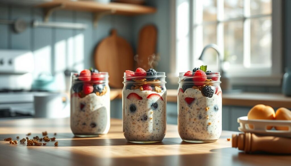 A cozy kitchen filled with natural light, wooden textures, and light blue accents. On the counter, three mason jars filled with creamy overnight oats, layered with vibrant berries, crunchy granola, and a drizzle of honey. The jars are arranged neatly, casting soft shadows on the surface. A subtle steam rises from the jars, hinting at the warmth and freshness within. The scene exudes a sense of organized simplicity, perfect for a busy morning meal prep session.