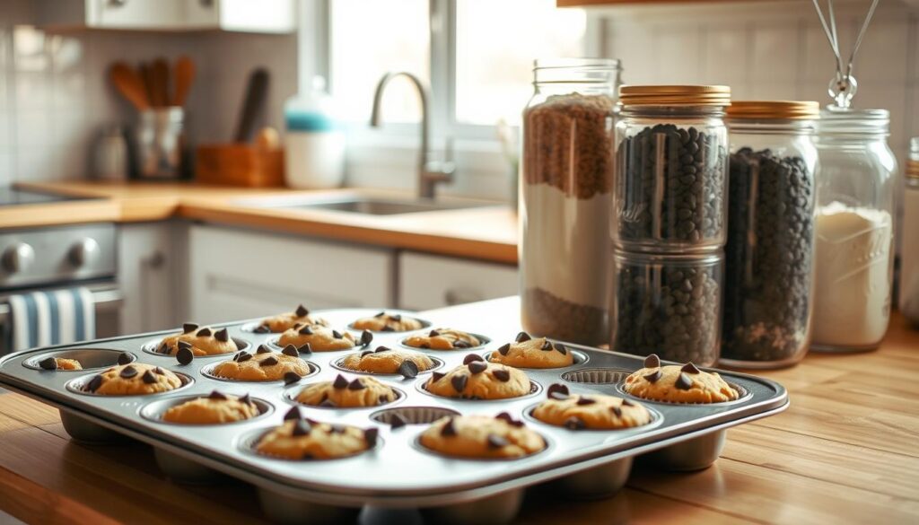 A cozy kitchen filled with the inviting aroma of freshly baked chocolate chip muffins. On the countertop, a batch of muffin batter is neatly portioned into a metal muffin tin, ready for the oven. Nearby, a stack of Mason jars filled with dry ingredients, such as flour, sugar, and chocolate chips, awaits assembly. Soft natural light streams in through a window, casting a warm glow on the scene. The wooden textures of the countertops and cabinets complement the light blue accents, creating a harmonious and organized workspace. This image perfectly captures the essence of planning and prepping ahead for a delicious and portable protein-packed breakfast.