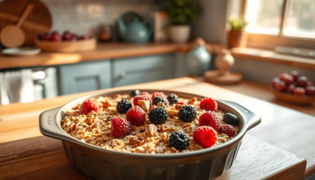 A cozy kitchen filled with the inviting aroma of freshly baked oatmeal. Soft, golden-brown oats nestled in a shallow baking dish, their surface speckled with caramelized edges and dotted with plump, juicy berries. Flecks of cinnamon and a drizzle of honey add depth to the textures, while a light dusting of toasted nuts provides a delightful crunch. Warm, comforting lighting casts a gentle glow, highlighting the rustic appeal of the wooden countertops and light blue accents. This scene perfectly captures the cozy, nourishing essence of make-ahead breakfast baked oatmeal.