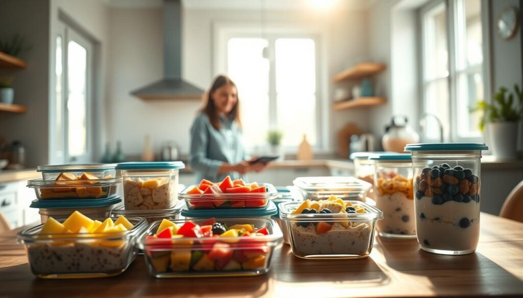 A cozy kitchen interior filled with the aroma of freshly prepared breakfast. In the foreground, a variety of meal prep containers showcasing nutritious breakfast dishes - overnight oats, scrambled eggs, fruit salad, and yogurt parfaits. Sunlight streams in through large windows, illuminating the wooden textures and light blue accents that create a calming, minimalist ambiance. In the middle ground, a person happily organizing the containers, demonstrating the efficiency and convenience of breakfast meal prepping. The background features simple kitchen appliances and a clean, organized workspace, emphasizing the benefits of planning ahead and saving time in the morning routine.