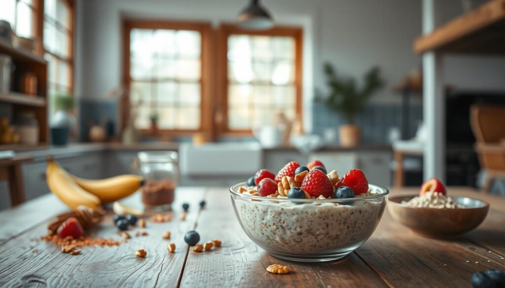 A cozy kitchen interior with abundant natural light filtering through large windows, showcasing an assortment of creative oatmeal toppings artfully arranged on a rustic wooden table. In the foreground, a bowl of steaming oatmeal is topped with vibrant fresh berries, toasted nuts, a drizzle of honey, and a sprinkle of cinnamon. In the middle ground, complementary ingredients like sliced banana, chia seeds, and a dollop of nut butter add texture and depth. The background features minimalist blue-and-white accents, hinting at the tranquil atmosphere. The overall scene radiates a sense of nourishment and culinary inspiration, inviting the viewer to explore the delicious possibilities of elevating a simple breakfast staple.