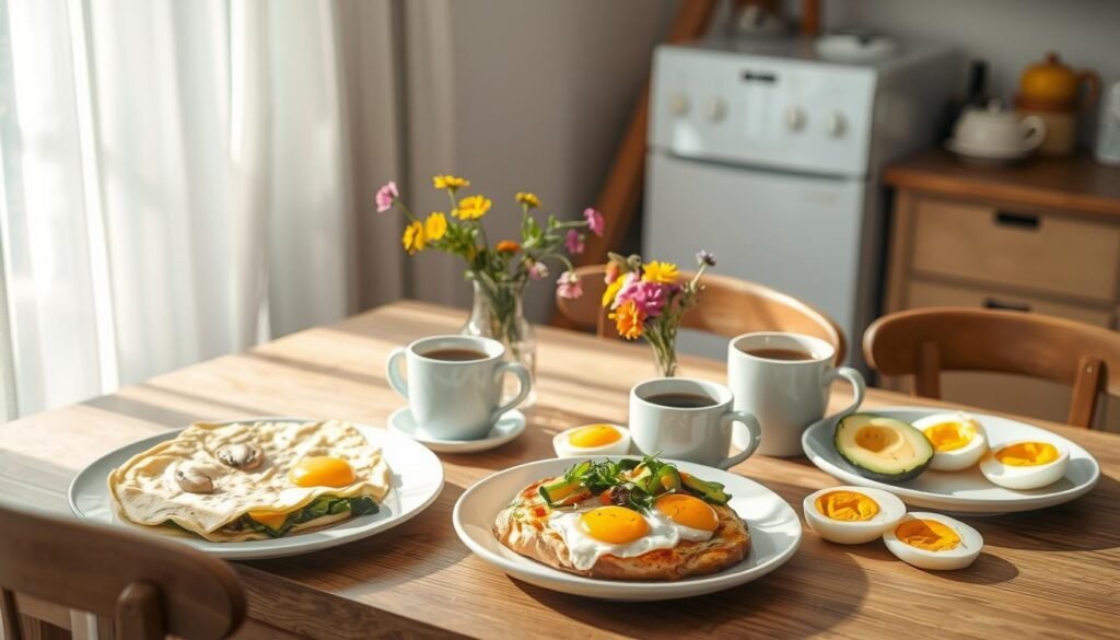 A cozy kitchen interior with bright natural lighting filtering through sheer curtains. On a wooden dining table, an artful arrangement of savory egg dishes - a fluffy omelet with mushrooms and spinach, perfectly poached eggs nestled atop crisp toast, a colorful frittata with roasted vegetables, and a plate of soft-boiled eggs paired with ripe avocado slices. The dishes are accompanied by freshly brewed coffee in ceramic mugs and a small vase of vibrant wildflowers, creating a serene and inviting atmosphere. The overall mood is one of simplicity, comfort, and nourishment.