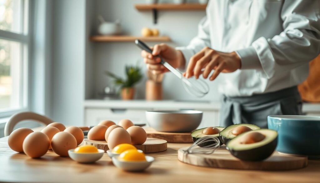 A cozy kitchen interior with natural wooden textures and light blue accents. In the foreground, various breakfast ingredients and cooking utensils are neatly arranged on a wooden table, including fresh eggs, sliced avocado, a whisk, and a small cutting board. In the middle ground, a skilled chef's hands are demonstrating a cooking technique, perhaps gently whisking the eggs or carefully slicing the avocado. The background features a subtly lit, minimal wall with a few simple kitchen shelves, conveying a sense of expertise and culinary mastery. Soft, natural lighting fills the scene, creating a warm and inviting atmosphere.