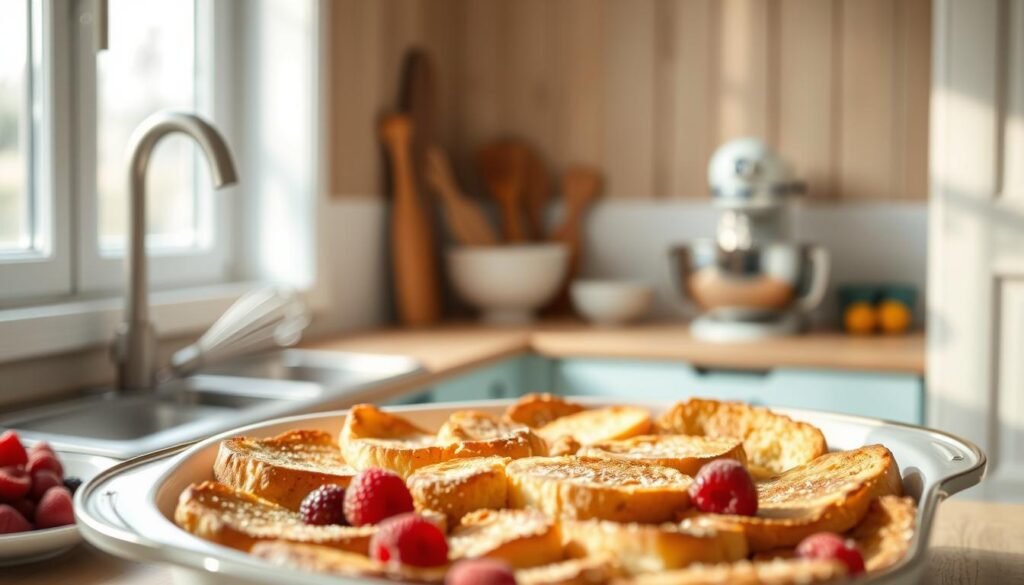 A cozy kitchen interior with warm wooden textures and light blue accents. In the foreground, a baking dish is filled with layers of golden bread, custard, and fresh berries, creating a mouthwatering french toast casserole. Soft, diffused lighting illuminates the scene, casting gentle shadows that accentuate the casserole's inviting texture. The middle ground features a few kitchen utensils, a whisk, and a mixing bowl, hinting at the preparation process. In the background, a simple, minimalist design with clean lines and a calming atmosphere, allowing the casserole to be the focal point.